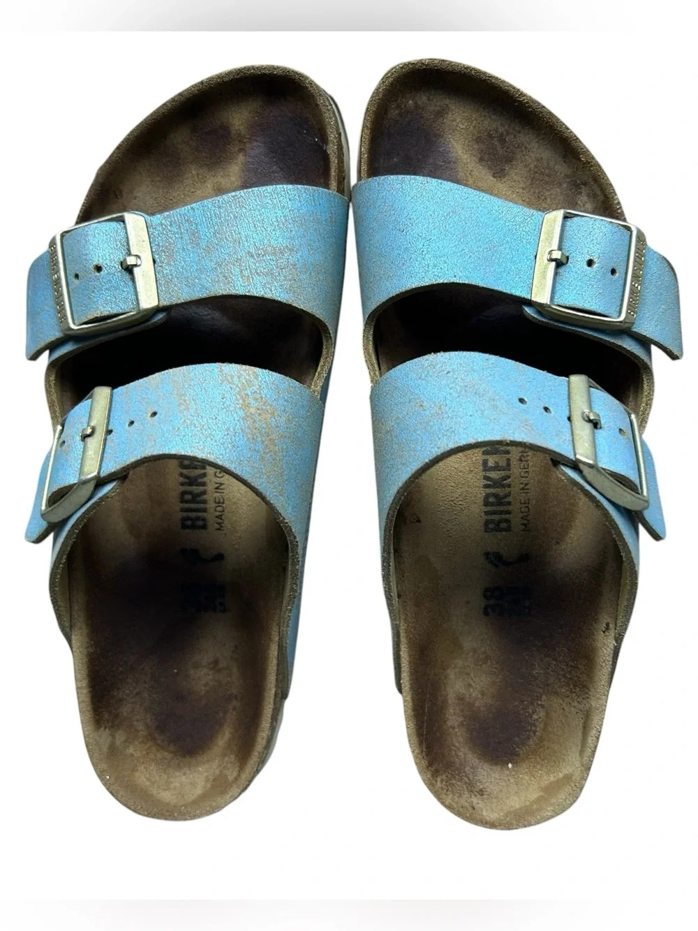 Birkenstock Womens Arizona Washed Metallic Aqua Suede Slides Sandals 38 EU/ 7 US